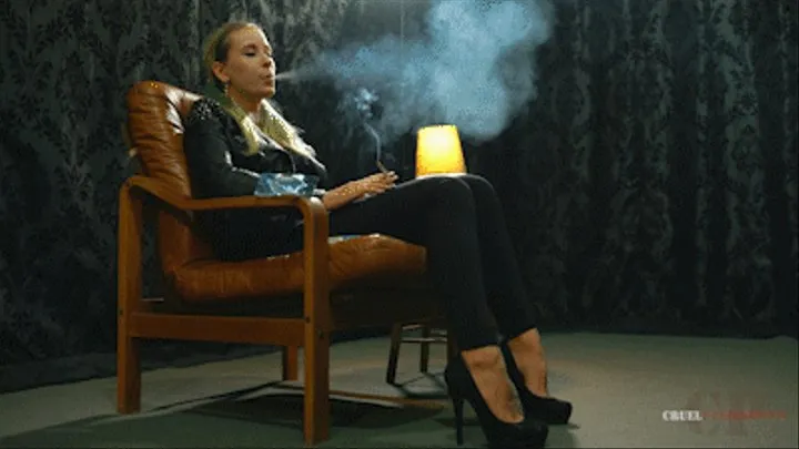 Smoking in the brown leather armchair