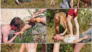 2 young sexy german Girls dominate a guy on a meadow - A remember from the summer 2008