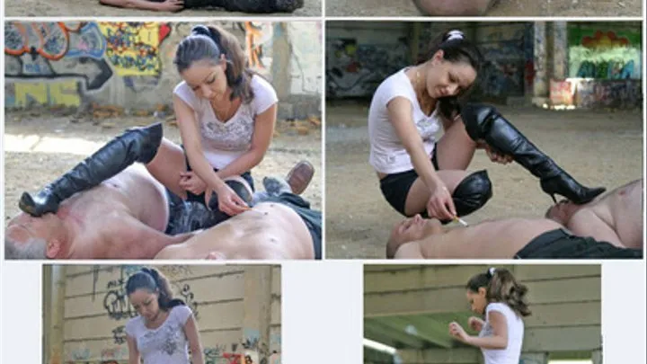 Goddess Missy kicked and dominated 2 men in an old Concrete Arena