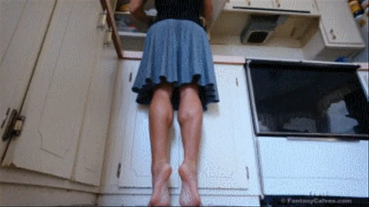 Long Gray Skirt Barefeet and Wedged High Heels Kitchen Reach