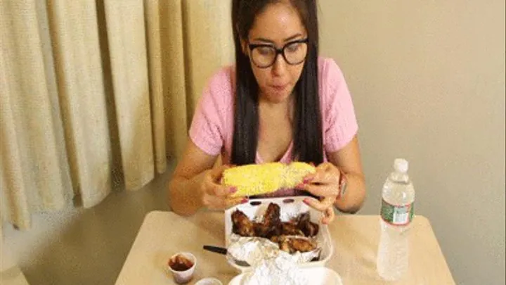 Asian Samantha Eats A Delicious And Filling Meal Of Messy BBQ Chicken Wings