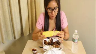 Asian Samantha Eats A Delicious And Filling Meal Of Messy BBQ Chicken Wings