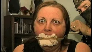 46 Yr OLD REAL ESTATE AGENT'S IS MOUTH STUFFED, HANDGAGGED, BANDANNA CLEAVE AND OTM GAGGED, ROPE GAGGED WITH HANDS TIGHTLY TIED WITH THIN RAWHIDE