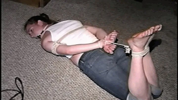 24 Yr OLD CRAFTER IS RING-GAGGED, BAREFOOT, HOG-TIED, WEARING JEANS, TOE-TIED, HANDGAGGED & DROOLS