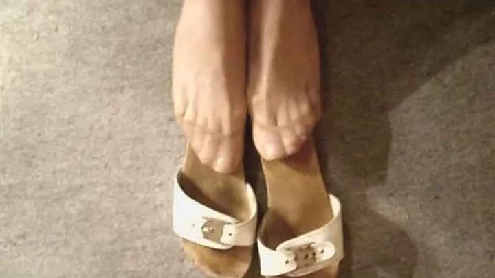 Cathy wearing clear nylons in wooden sandals