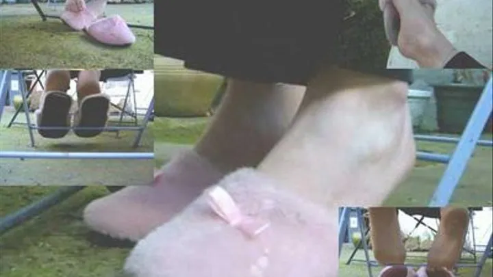 pink fuzzy slippers outdoor!