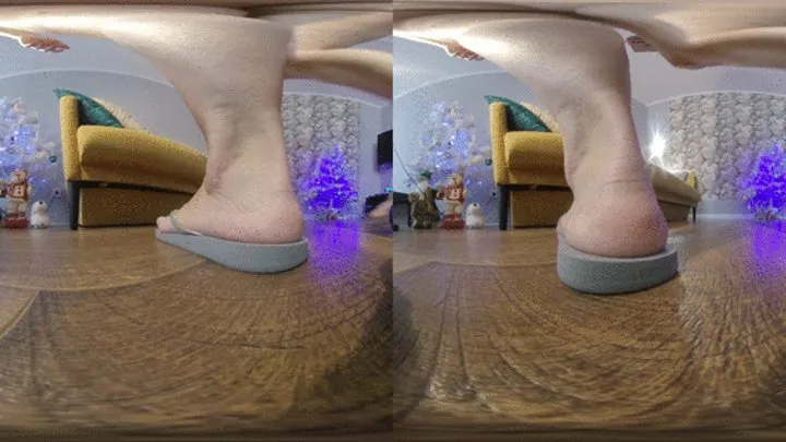 VR180 best quality, Giantess in flip flops looking around the her bed tiny,video in