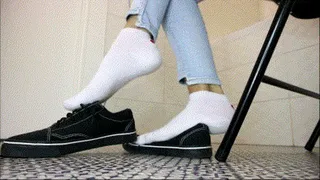 Shoeplay in white socks with red,black sneakers