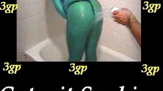 Catsuit Slut Gets a Soaking.