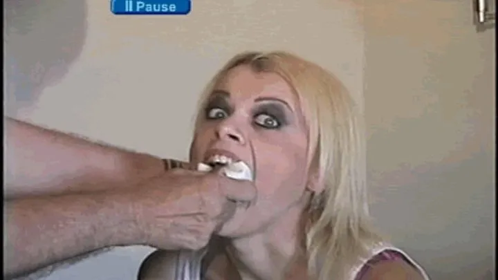 SEXY AND CUTE BLONDE MODEL GETS HANDGAGGED, MOUTH STUFFED, PUT IN A TRANCE, TIED WITH ROPE AND RAWHIDE, BAREFOOT, CLEAVE GAGGED, TITS TIED AND TIED TO A CHAIR