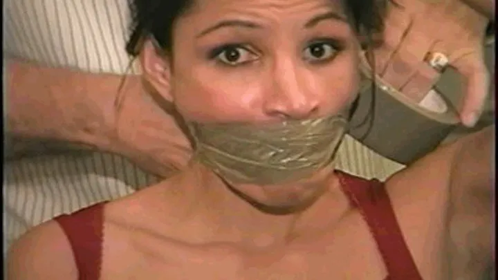 27 Yr OLD CUTE & SEXY LATINA GETS MOUTH STUFFED WITH STINKY STOCKING, WRAP TAPE GAGGED, BALL-TIED, BAREFOOT & ON SCREEN TOE-TIED