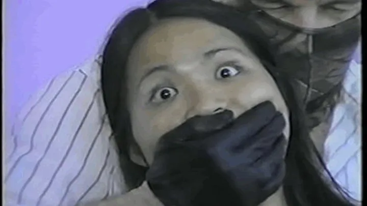 24 Yr OLD ASIAN SINGLE STEP-MOM IS CLEAVE GAGGED, BAREFOOT, MOUTH STUFFED WITH NYLON ANKLE STOCKING, STUFFS HER OWN MOUTH, TIED ON BED & HANDGAGGED WITH BLACK LEATHER GLOVE.