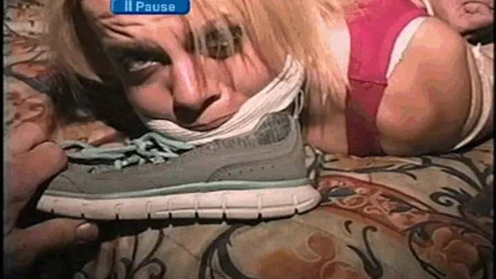 28 YR SEXY AND CUTE VIDEO MODEL GETS MOUTH STUFFED, CLEAVE GAGGED, HOG-TIED, TOE-TIED, NYLON COVERED FEET TICKLE, GAG -TALKING, HANDGAGGED AND IS TO SMELL HER STINKY SNEAKER