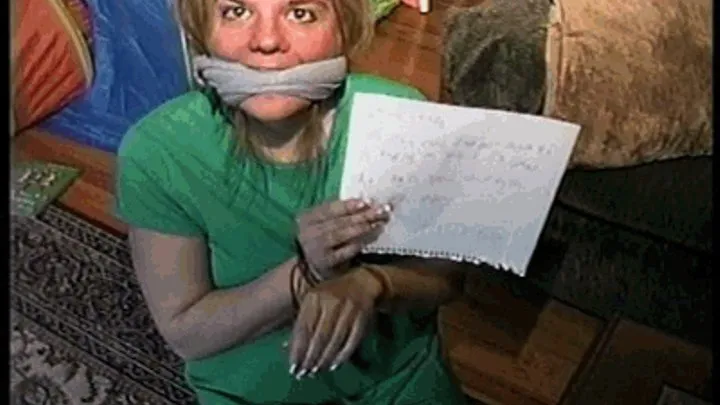 38 Yr OLD SOCIAL WORKER GETS HANDGAGGED, MOUTH STUFFED, CLEAVE GAGGED, TIED WITH RAWHIDE, WRITES RANSOM NOTE, WRAP BONDAGE TAPE GAGGED AND GAG TALKS