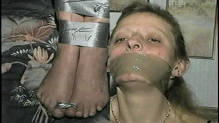 43 YEAR OLD WAITRESS IS SOCK STUFFED, BALL-TIED, BAREFOOT, TOE-TIED, WRAP TAPE GAGGED & TAPE TIED