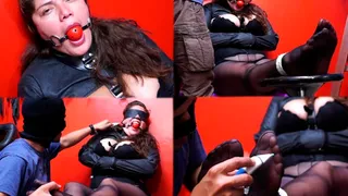 Mia blindfolded, ballgagged and tickled! in straitjacket