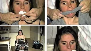 20 YEAR OLD HEALTH CARE WORKER SAMANTHA IS, HANDGAGGED, MOUTH STUFFED, CLEAVE GAGGED AND TIED TO A HAIR WITH ROPE