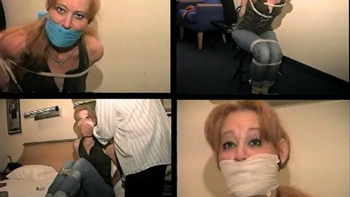 41 YEAR OLD FASHION MODEL GETS MOUTH STUFFED, OTM GAGGED, TOE-TIED & HOPS AROUND THE ROOM, TIES HERSELF UP WITH DUCT TAPE, HANDCUFFS AND OTM WRAP GAGS HERSELF WITH VET TAPE