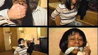 22 YEAR OLD CUTE BLACK BARTENDER GETS HANDGAGGED, MOUTH STUFFED, CLEAVE GAGGED, CHAIR TIED, BAREFOOT AND GAG TALKS