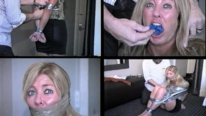 42 YEAR OLD SEXY BLONDE IS DUCT TAPE BALL-TIED, PANTIES STUFFED IN MOUTH, WRAP TAPE GAGGED, AND NYLON STOCKING TOES TAPED