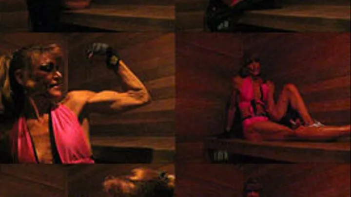 Veronica in the sauna, wearing her black over the knee boots and pink top