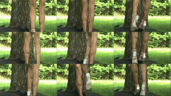 Veronica flexing her calves by the tree