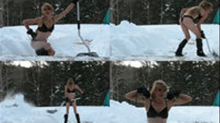 Veronica shoveling snow in a black bra and thong