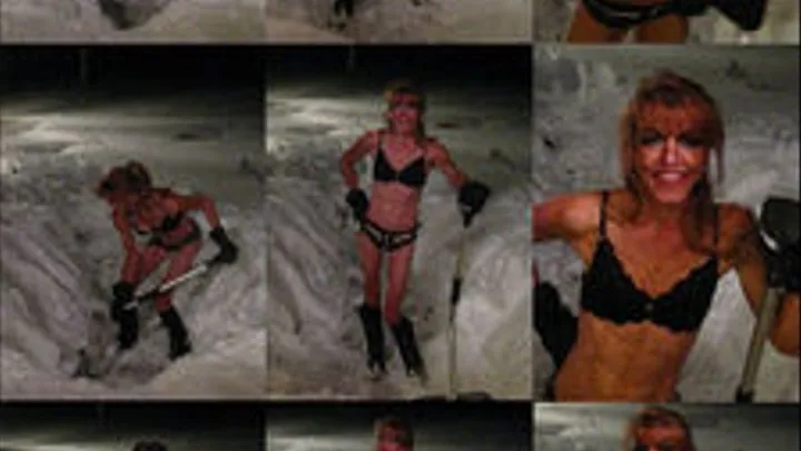 Veronica shoveling snow at night, wearing black undies