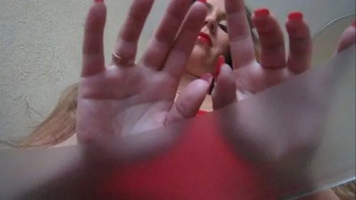 Red Nails Tapping On Glass Table: Look From Below