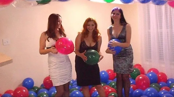 300 Balloon Contest! - 3 sexy women in dresses, garters, stockings, High Heels, sit to pop 100 balloons each! Vivian Ireene Pierce