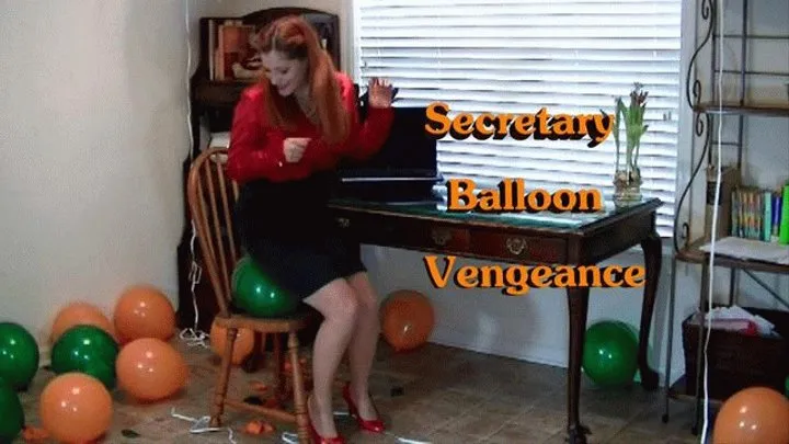 Secretary Balloon Vengeance  WMV - Vivian Ireene Pierce - Blowing up 10 balloons, sit popping 50, 12inch Balloons, Stockings, Satin Blouse & Skirt, High Heels
