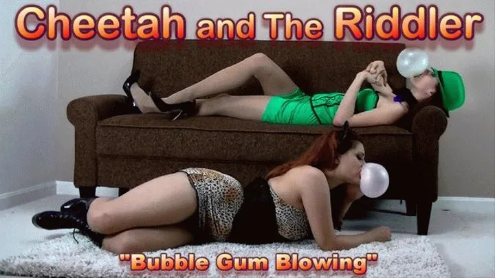 Cheetah and the Riddler Blowing Bubbles - - Vivian Ireene Pierce and Madalynn Raye, Blowing Bubbles making plans for the next heist. Costumes, Pantyhose, Boots, High Heels, Bubbles