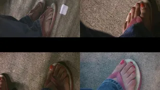 Red Polished Long Toes in Jeans and Pink Flip Flops