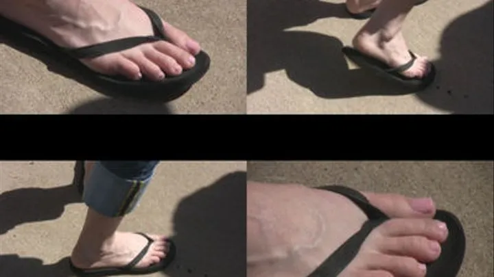 Sexy Long Pink Painted Toes in Black Flip Flops and Rolled up Jeans