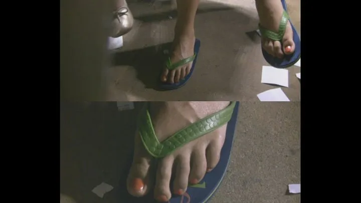 Brunette with Green Blue Flip Flops Showing off Long Toes Part 2!