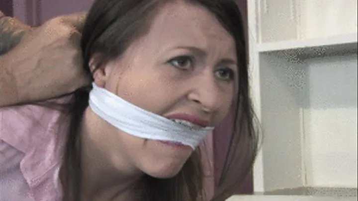 2402SERENE-Secretary tied helpless behind the counter and gagged tight