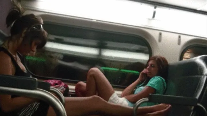 candid 18yr old Brunette in flip flops on train