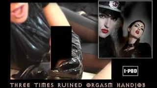 Three times ruined orgasms handjob with black rubber gloves by a masked femdom.
