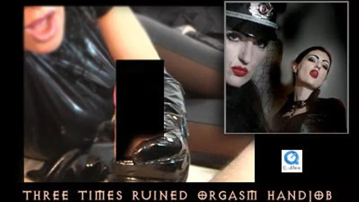 Three times ruined orgasms handjob with black rubber gloves by a masked