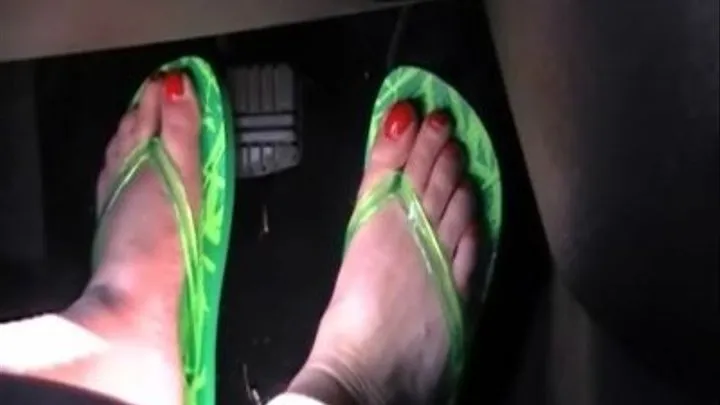 pedal pumping in green flip flops