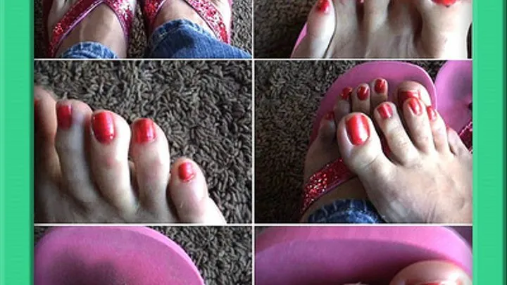 Pink pedicure in flip flops