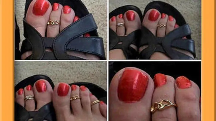 Red toe nails, toe rings, and strappy shoes