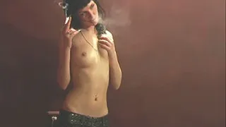 Hottie Mara smoking fetish topless in jeans