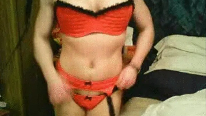 Flexing and play in red leather lingerie