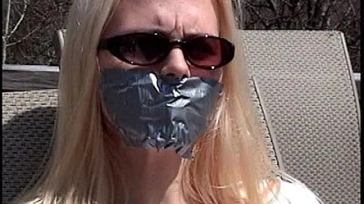 Coral- Chairtied Outside On Sunny Day, Duct Tape Gag, Jean Shorts, Sneakers, Sunglasses