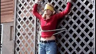 Coral- Tied Arms Apart With Rope, Outdoors, Blindfold, Jeans