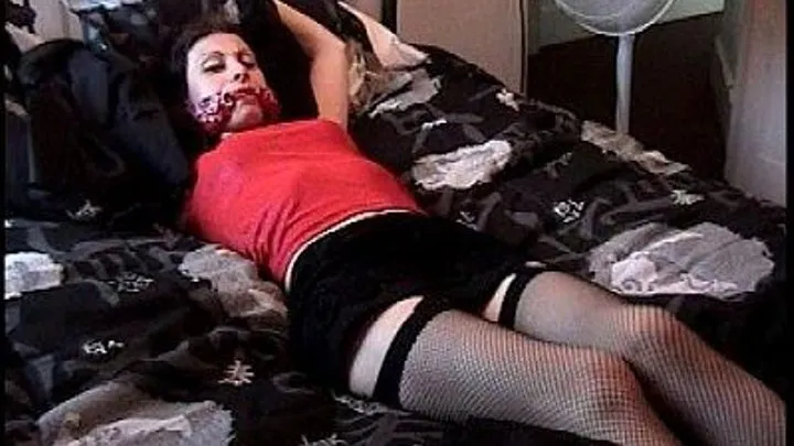 Valentina- Arms Tied To Bed, Scarves, Cleave Gagged, Blindfold, Fishnet Stockings