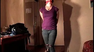 Pandora- Skintight Jeans, Hands And Feet Bound With Neck Ties, Red Bandana Cleave Gag