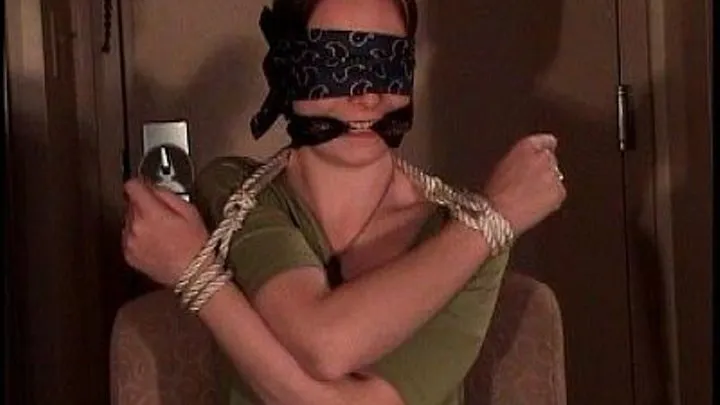 Pandora- Tied To Chair, Tight Tan Jeans, Blindfolded And Gagged With Neck Ties, Standing Up