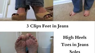 3 clips feet in blue jeans, toes, heels soles